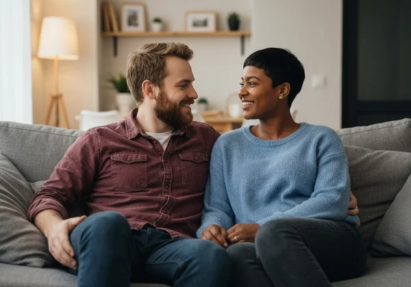 Couple enjoying device-free quality time at home.