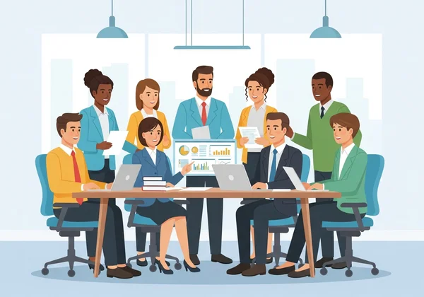 Diverse team communicating positively in office