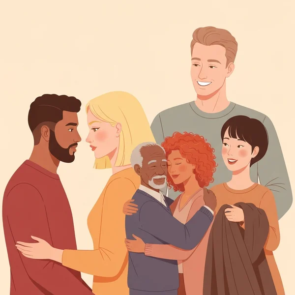 Illustration showing diverse couples expressing love through talking, hugging, and helping each other
