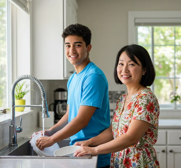 Person joyfully helping another, balanced giving