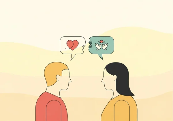 두 사람의 말풍선이 서로 어긋나 있어 소통의 간극을 보여줍니다