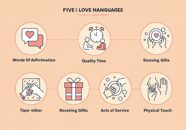 Five icons representing the 5 love languages in a circle.