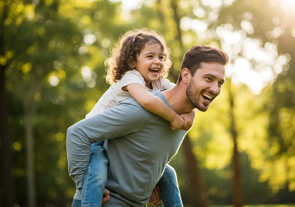 Parent giving a child a piggyback ride, showing playful touch