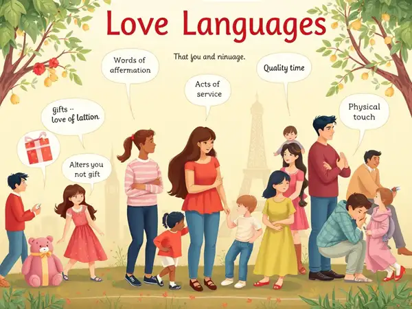 Illustration of the five love languages with diverse people.