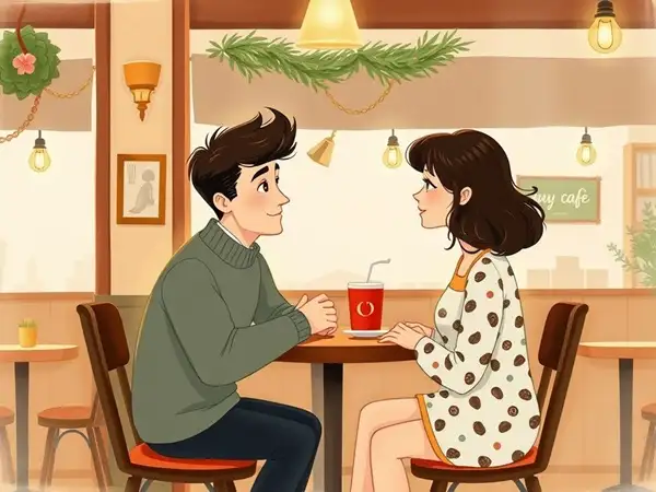 Couple talking in a cafe.