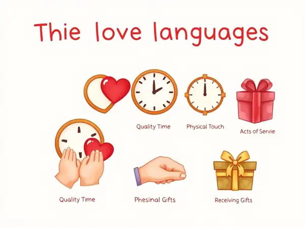 Icons for five love languages: words, time, touch, service, gifts.