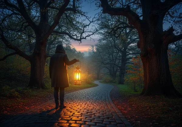 Warm lantern lighting the path